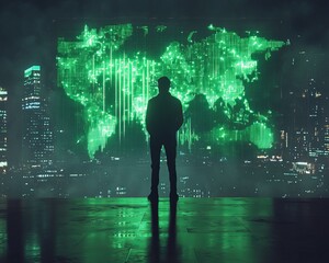 Wall Mural - A man stands before a glowing green world map projected on a building in a city at night.