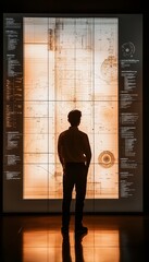 Poster - A man stands in front of a large illuminated map.