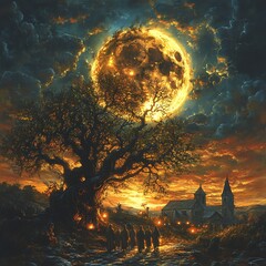 Poster - Haunting scene featuring a large eerie skullshaped moon illuminating a twisted tree while robed figures with lanterns walk towards a distant church silhouetted against the vibrant sky