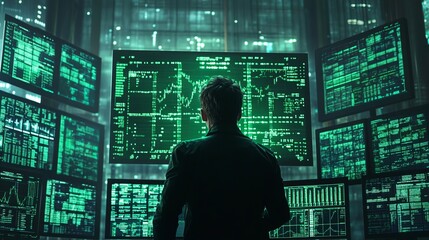 Sticker - A man stands in front of a wall of computer monitors displaying data and code, symbolizing the digital world and technology.