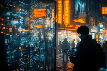 Sticker - A man stands on a street in a city at night, looking at his tablet, while digital information is projected on the buildings around him.