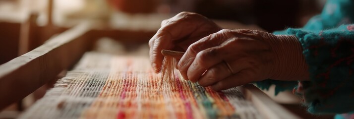 Elderly hands skillfully weave colorful fabric on a traditional loom, depicting craftsmanship, heritage, and the art of textile creation through generations.