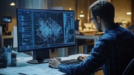 Fototapete - Designer Working on Technical Blueprints in Office