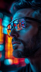 Sticker - A man with a beard and glasses looks at the camera, with colorful lights reflecting in the glasses.