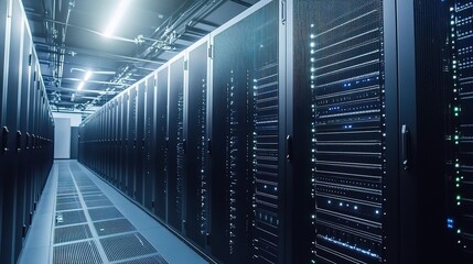 Poster - High-Tech Server Room with Rows of Data Storage Units