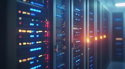 Poster - Server Room with Colorful LED Lights and Technology