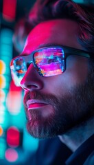 Wall Mural - A man with a beard wearing glasses with city lights reflected in them.