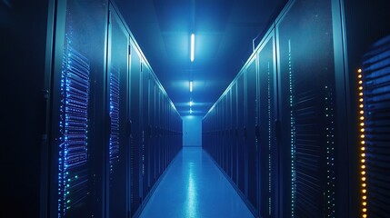 Poster - Server Room with Blue Lighting in a Data Center