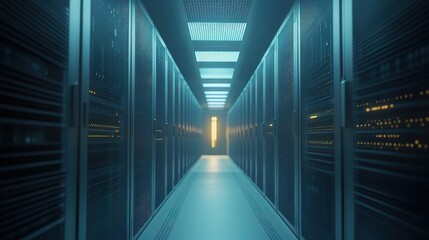 Poster - Futuristic Data Center Corridor with Glowing Lights