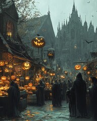 Canvas Print - A medieval town square, filled with people, lit by glowing pumpkins and lanterns on a misty Halloween night.