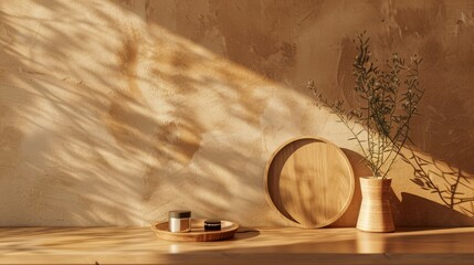 Wooden round shelf with cosmetic products and vase with plant on table. Mock up