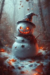 Wall Mural - A menacing snowman with glowing eyes and a witch hat stands in a snowy forest with pumpkins around it.