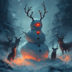 Canvas Print - A menacing snowman with glowing red eyes and antlers stands in a snowy forest surrounded by four deer, creating a chilling and eerie scene.