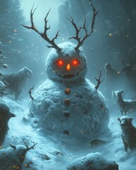 Wall Mural - A menacing snowman with glowing red eyes and antlers stands amidst a snowy forest, surrounded by wolves.