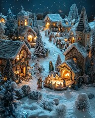 Canvas Print - A miniature Christmas village scene with snow, houses, and lights.