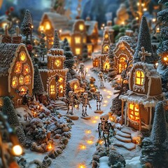 Canvas Print - A miniature gingerbread village with skeletons walking on a snowy path under warm, glowing lights.