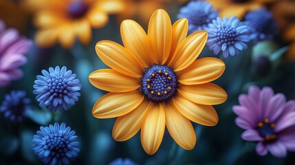 Poster - A yellow flower with purple and blue flowers in the background