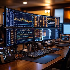 Wall Mural - A modern office desk with multiple monitors displaying stock market data.