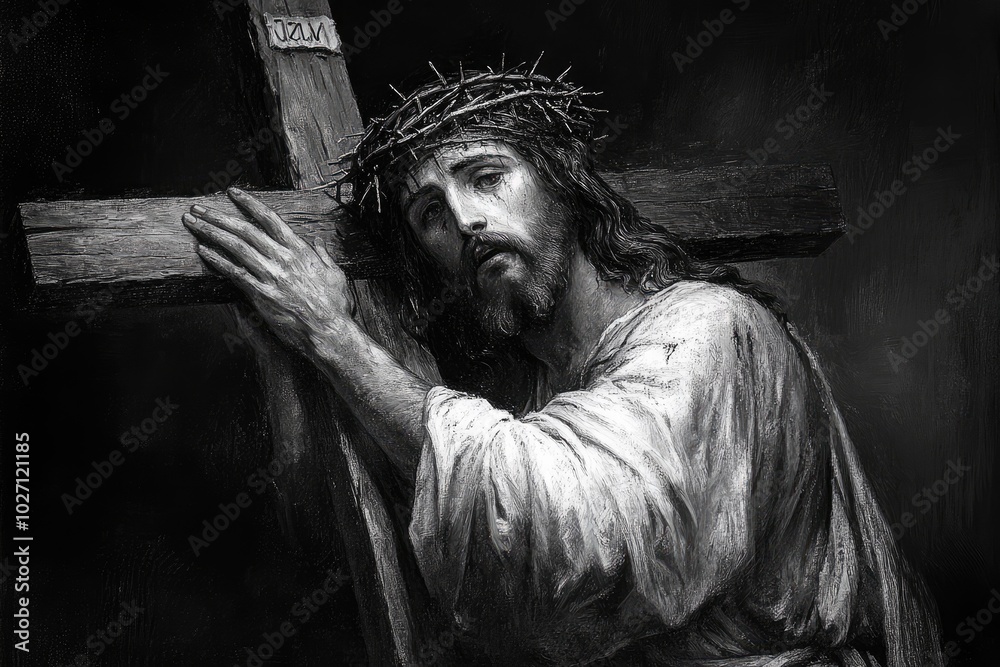 Jesus christ carrying the cross black and white fine art painting Stock ...