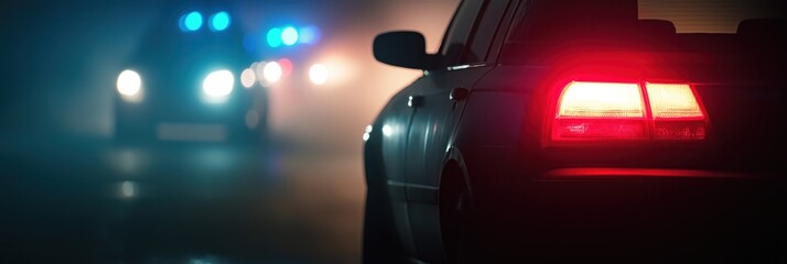 A police car, lights flashing, pursues another vehicle during a night chase, capturing the urgency and tension of law enforcement operations in action.