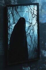 Canvas Print - A mysterious, dark figure stands shrouded in a blue and white forest.