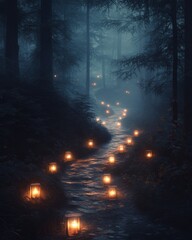 Wall Mural - A mystical, fog-filled forest path with lanterns floating on the water.