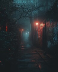 Poster - A narrow alleyway shrouded in fog, with streetlights casting a warm glow on the brick walls.