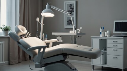 Empty white medical examination room with a reclining chair, a desk with a lamp and a computer, and a cabinet.