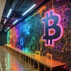 Canvas Print - A neon Bitcoin symbol on a wall with a circuit board background.