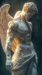 Poster - Marble statue of a muscular winged man in a toga standing tall The cracks in the marble filled with golden light stand out in the dark bringing to life Greek craftsmanship in 16k resolution