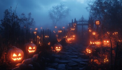 Canvas Print - A path lined with glowing jack-o'-lanterns leads to a spooky gate in a misty forest.