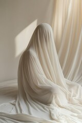 Wall Mural - A person is completely covered in a white sheet, sitting on a white floor. The person is facing away from the camera 