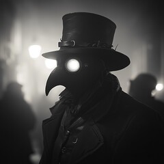 Wall Mural - A person wearing a plague doctor mask stands in the shadows.