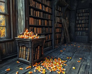 Wall Mural - A pile of candy corn sits on a table in a dimly lit library.