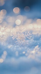 Wall Mural - White snowflakes on a blue bokeh background with light sparkles. Winter holiday and Christmas concept. Design for wallpaper, greeting card, invitation, banner. Vertical composition with copy space.