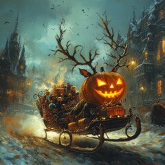 Poster - A pumpkin carriage with antlers, glowing eyes, and a load of gifts is drawn by a skeleton through a snow-covered town in a fantasy illustration.