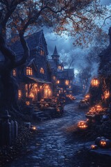 Wall Mural - A quaint, cobblestone street in a village is illuminated by flickering lanterns and jack-o'-lanterns on a misty Halloween night.