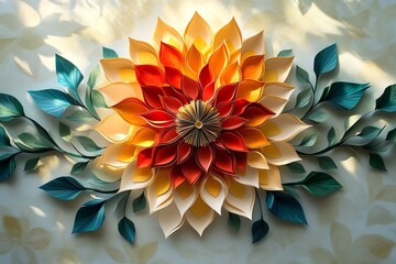 Poster - Minimalistic Indian Rangoli artwork using layered paper graphics featuring bright yellows reds and greens creating an elegant pattern on a clean soft creamcolored surface subtle lighting highlights