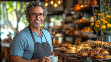 Man in a blue shirt and apron is smiling and holding a cup of coffee. attractive middle-aged Brazilian man with curly grayish hair and glasses, wearing a blue shirt and holding coffee cup in his hand