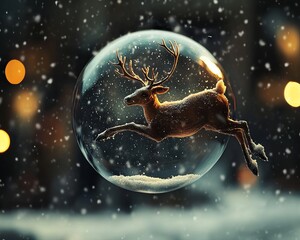 Sticker - A reindeer figurine leaps inside a snow globe against a bokeh background of warm lights and falling snow.