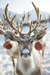 Wall Mural - A reindeer adorned with ornaments in a snowy landscape.