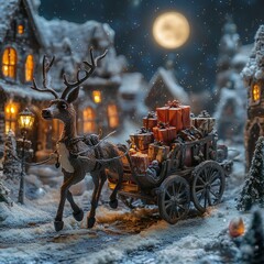 Wall Mural - A reindeer pulls a cart full of presents through a snowy, miniature village under a full moon.