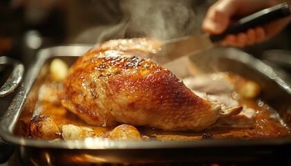 Poster - A roasted turkey is carved with a knife, sitting in a roasting pan with potatoes and gravy.