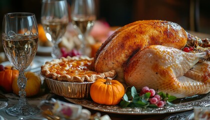 A roasted turkey, a pie, and wine glasses on a table set for Thanksgiving dinner.