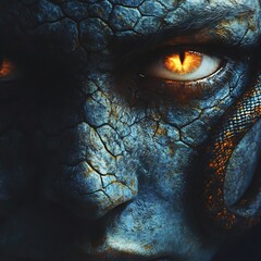 Poster - Mystical ancient figure with rough stonelike skin and reptilian scales One glowing white eye contrasts with the fiery orange right eye A snake coils around set in deep shadows for dramatic effect