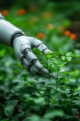 Sticker - A robotic hand gently touches a green plant in a field of lush greenery.