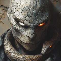 Poster - Mystical ancient figure with rough stonelike skin and reptilian scales One glowing white eye contrasts with the fiery orange right eye A snake coils around set in deep shadows for dramatic effect