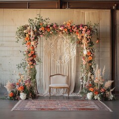 Poster - A rustic wedding archway decorated with flowers, greenery, and macrame.