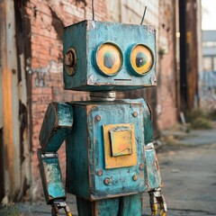 Sticker - A rusty, blue, and yellow robot stands in front of a brick wall.