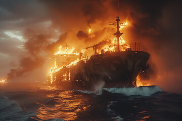 The burning cargo ship: A large general cargo vessel engulfed in flames and smoke at sea, highlighting the dangers of logistics in import and export operations.